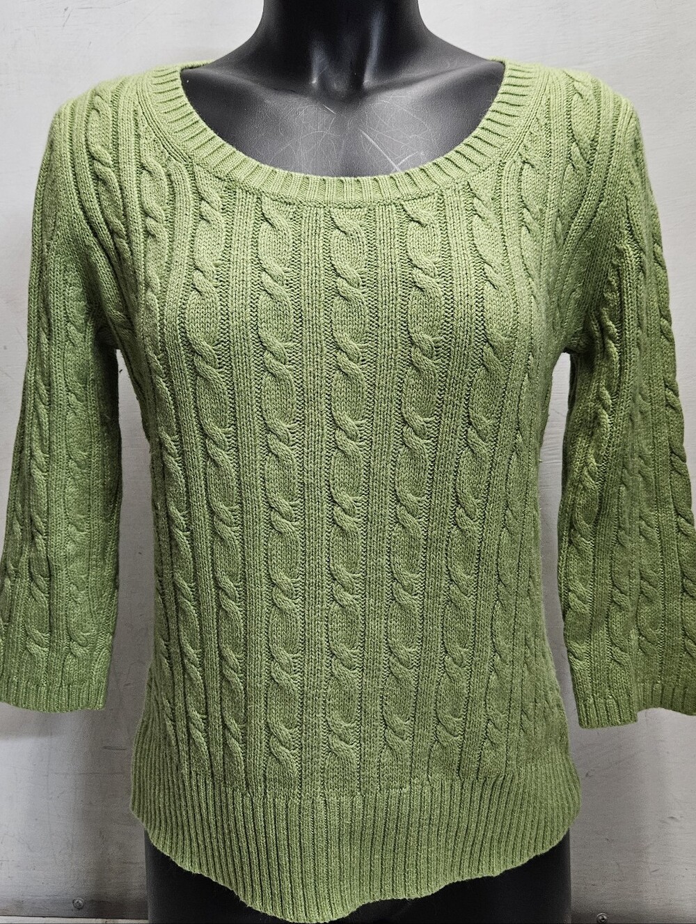 Ann Taylor LOFT Vintage 90s Green Cable Knit Sweater 3/4 Sleeve Womens Medium